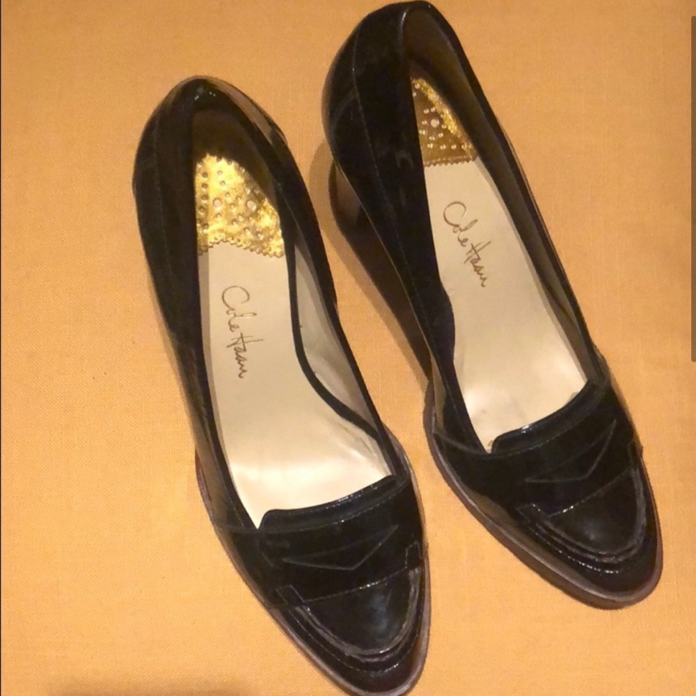 Patent Leather Burgundy Penny Loafer Heel Pumps